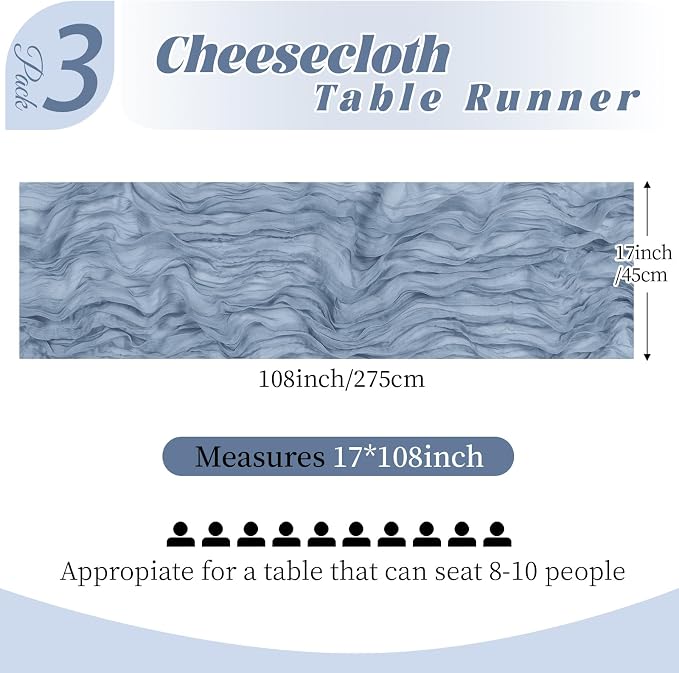 3 Pack Dusty Blue Cheesecloth Table Runner, 17 x 108 Inch, Gauze Cheese Cloth - Image 2
