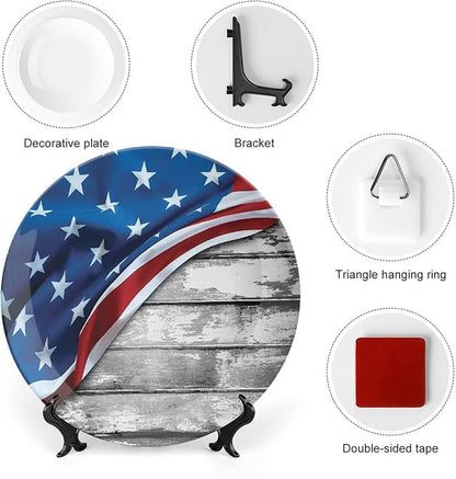 Decorative Plates, American Flag Decor Print Ornament, Flag Over Antique Rustic Rippled Board, 7 Inch, 1 Plate with 1 Display Stand, Grey Navy