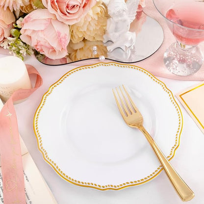 Hioasis 60pcs Gold Plastic Plates - White and Gold Disposable Dinnerware with Gold Rim, Heavy-duty, 7.5 inch, Dessert Plates for Party & Thanksgiving