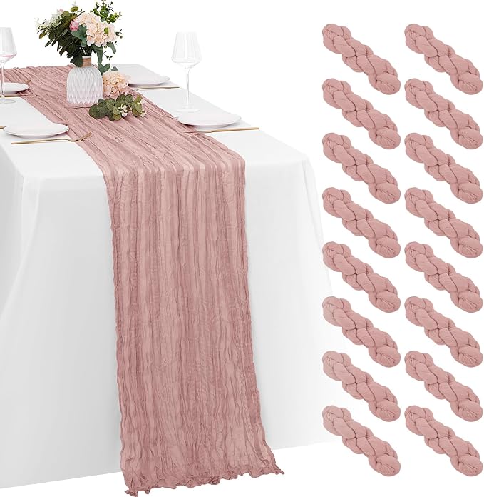 16 Pack Dusty Pink Cheesecloth Table Runners 20x120 Inch Gauze Table Runner by Yorcari