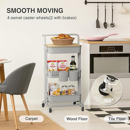 DTK 3 Tier Rolling Utility Cart with Cover Top Board, Movable Kitchen Storage Cart Trolley with Lockable Wheels, Cups, Hooks for Kitchen Bathroom Home Office Art Craft Storage and Organization(Grey)