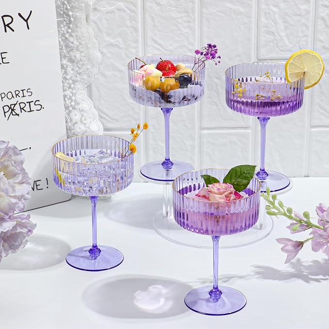 12 PCS Ribbed Coupe Glasses Purple Plastic Champagne Coupe Cup 10oz Detachable Gold Rim Espresso Martini Glass Vintage Margarita Glassware Cocktail Glass Disposable for Halloween Bridal Showers