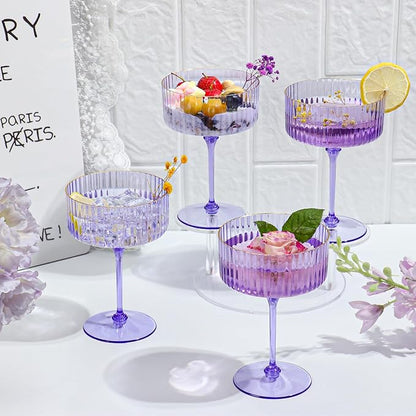 24 PCS Ribbed Coupe Glasses Purple Plastic Champagne Coupe Cup 10oz Detachable Gold Rim Espresso Martini Glass Vintage Margarita Glassware Cocktail Glass Disposable for Halloween Bridal Showers