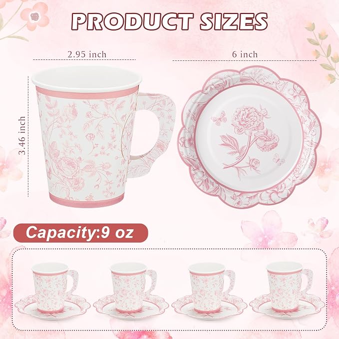 FillTouch 100 Sets Pink Floral Paper Tea Cups and Saucers Disposable Paper Tea - Image 7