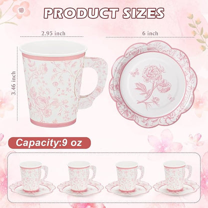 FillTouch 100 Sets Pink Floral Paper Tea Cups and Saucers Disposable Paper Tea - Image 7