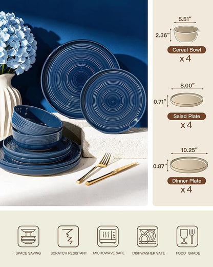 Dinnerware Set for 4, Ceramic Plates & Bowls, Abyssal Blue | 12-Piece Ceramic - Image 6