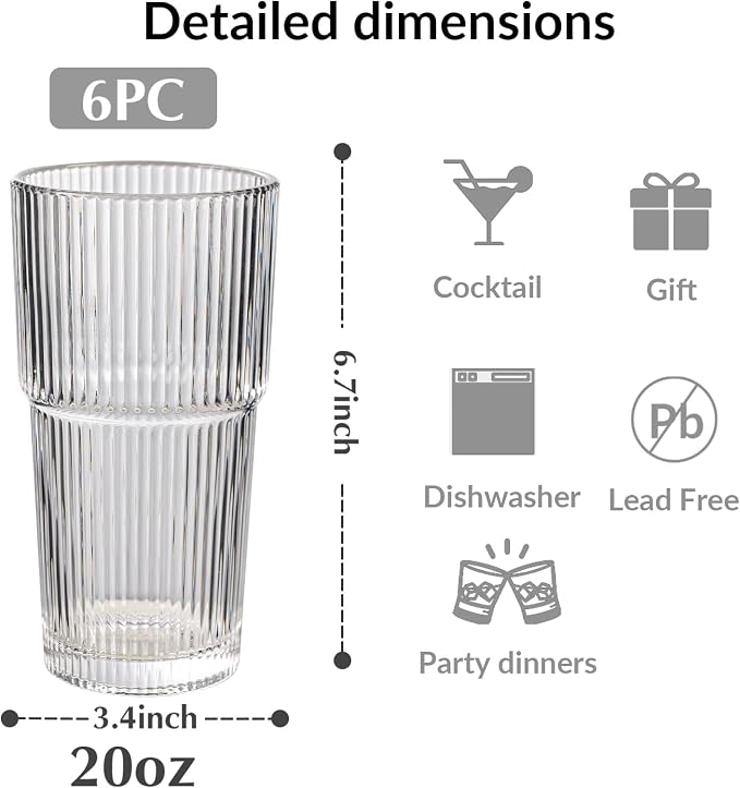 Set of 6 Oversize Ribbed Glassware, 20oz Vintage Clear Glass Tumbler, Large - Image 3