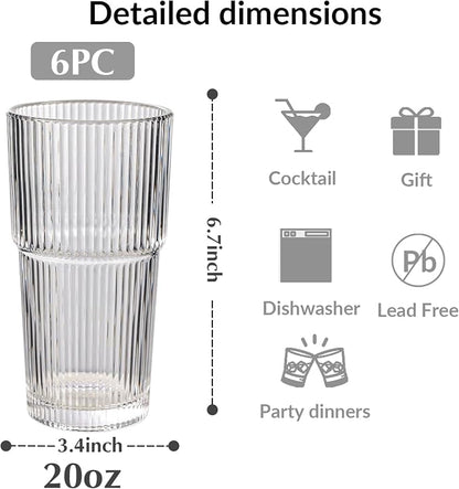 Set of 6 Oversize Ribbed Glassware, 20oz Vintage Clear Glass Tumbler, Large - Image 3