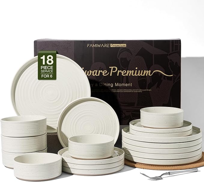 Stoneware Dinnerware Set for 6, Plates and Bowls by FamiwarePremium