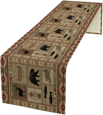 Vintage Rustic Cabin Bear Table Runner, Cottage Country Style Pine Tree Elk by SXXLDNG