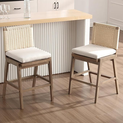 Counter Height Bar Stools Set of 2, 27” Linen Fabric Upholstered Counter Stools with Back, Modern Woven Barstools Mid Century Farmhouse Wooden Bar Chairs for Kitchen Island Dining Room, Beige
