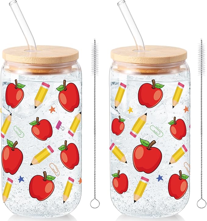Sliner 2 Pcs Teacher Glass Cups Back to School Gifts Iced Coffee Tumbler by Sliner