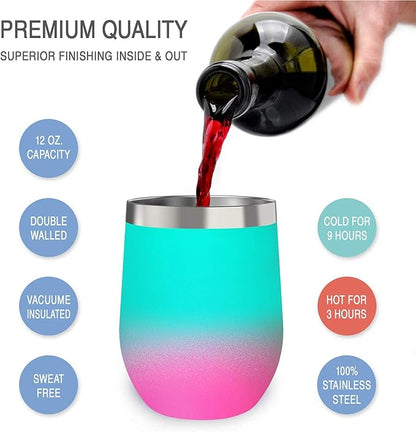 CHILLOUT LIFE 12 oz Stainless Steel Wine Tumbler with Lid - Double Wall Vacuum Insulated Wine Cup Glass Keeping Cold & Hot for Coffee, Champagne, Cocktails, Ice Cream - Powder Coated Aqua Blue/Pink