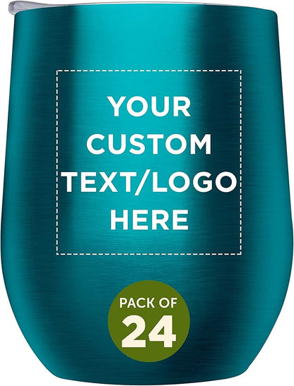 Custom Stemless Wine Glass Tumblers with Lids by Largo 11 oz. Set of 24, Personalized Bulk Pack - Perfect for Wine, Cocktails, Other Hot & Cold Beverages - Teal