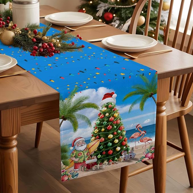 Coastal Christmas Table Runner 72 Inches Long, Xmas Tree Santa Beach Table - Image 3