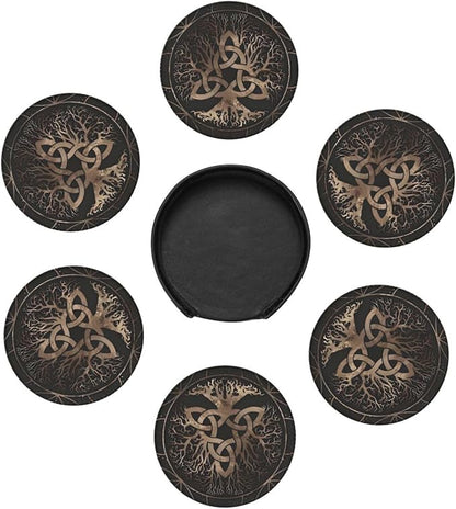 Drink Coasters with Holder Stand Set of 6, Tree of Life Copper Pu Leather - Image 5