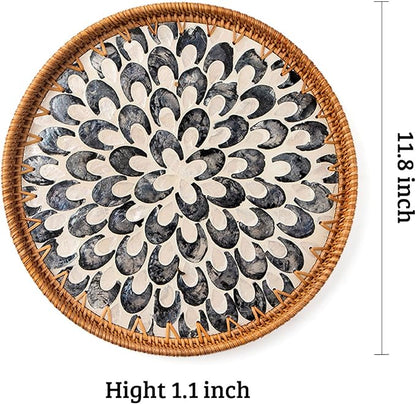 Round Rattan Tray with Mother of Pearl Inlay, Wooden Base | Coffee Table - Image 3