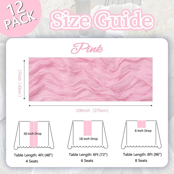 12 Pack Pink Cheesecloth Table Runner 17 x 108 Inch | Boho Gauze Cheese Cloth - Image 2