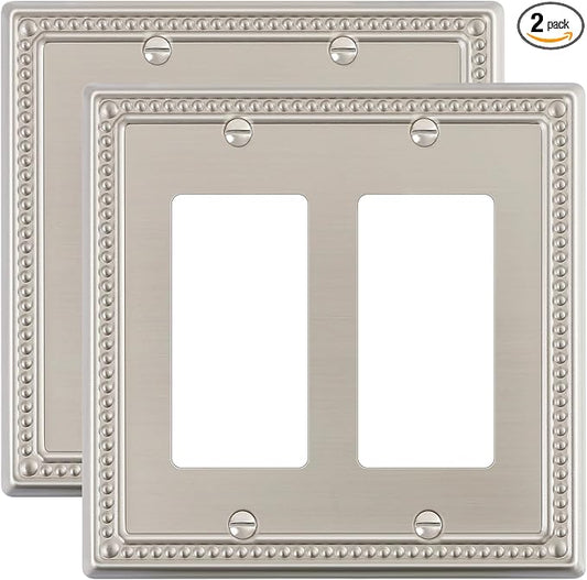2-Pack Double Decorator Outlet Cover Plate, Pearls Decorative Switch Plates and Outlet Covers, 2 Gang Brushed Nickel Metal Wall Plates, Corrosion Resistant