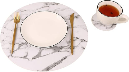 Set of 8 Marble Round Placemats and Coasters, Faux Leather Waterproof Table Mats, Easy to Wipe Off for Kitchen Dining Round Table