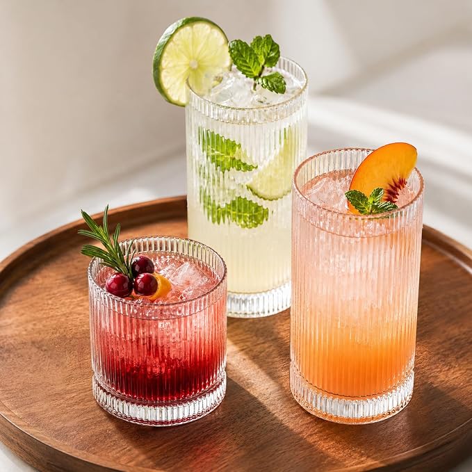 KEMORELA Ribbed Glassware Set of 8—4 Large Capacity Highball Glasses 16oz - Image 3