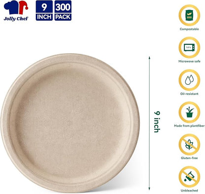 JOLLY CHEF Compostable Heavy Duty Plates 9 Inch [300 Pack] Eco-Friendly Disposable Natural Paper Plates Bagasse Biodegradable Sugarcane Bulk for Party Dinner Lunch Hot Cold Food Christmas (Brown)