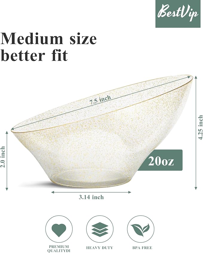 BESTVIP 20 Oz Clear with Gold Glitter Plastic Angled Serving Bowls, 12 Pack | - Image 3