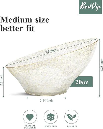 BESTVIP 20 Oz Clear with Gold Glitter Plastic Angled Serving Bowls, 12 Pack | - Image 3