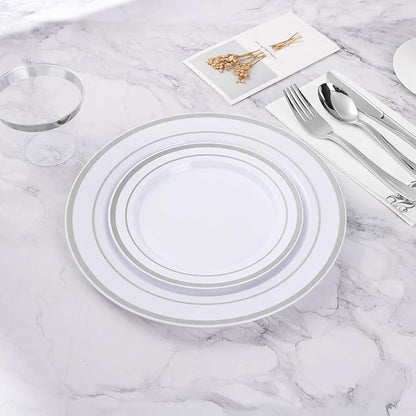 BESTVIP 100PCS 7 Inch Silver Plastic Dessert Plates, Disposable Plate with Silver Rim for Salad/Samll Cakes, Heavy Duty Plates for Party, Wedding and Birthday, Events, Christmas, Thanksgiving