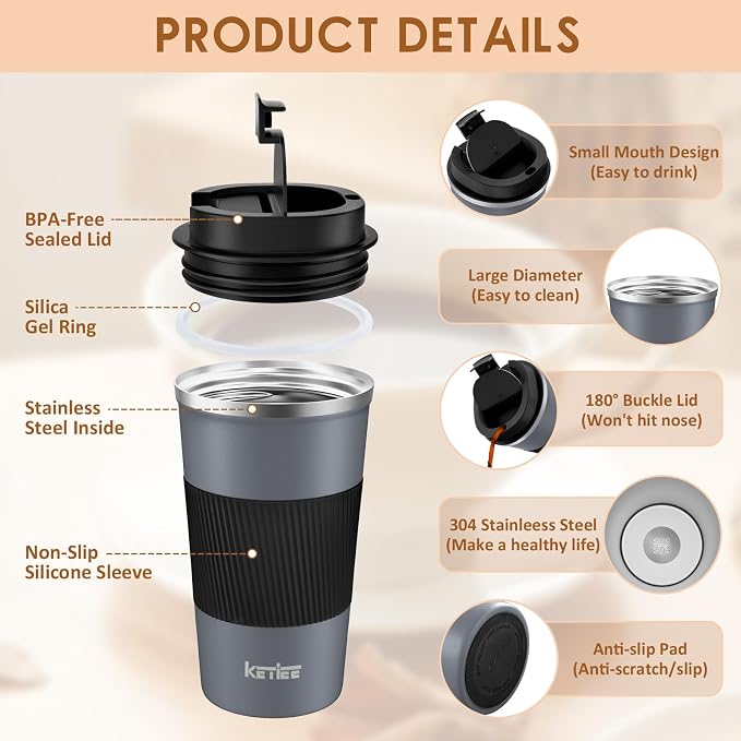 KETIEE Travel Coffee Mug Spill Proof 12oz, Insulated Reusable Coffee Cups - Image 2