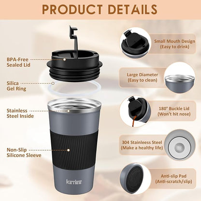 KETIEE Travel Coffee Mug Spill Proof 12oz, Insulated Reusable Coffee Cups - Image 2