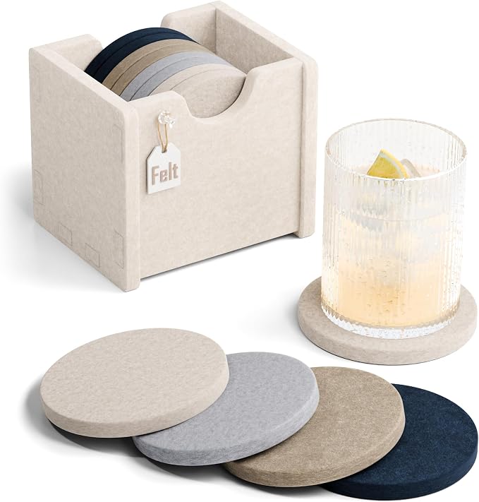 Fluxynara Felt Coasters with Holder, Nordic Slate | Round Felt Coasters by FLUXYNARA