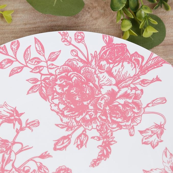 Efavormart 10-Pack French Toile Plastic Dinner Plates – Pink & White Floral - Image 6