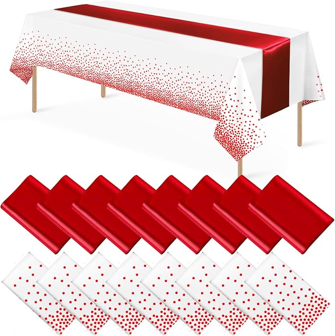 16Pack Disposable Plastic Tablecloths and Satin Table Runner Set White and Red by MASHAN