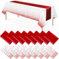 16Pack Disposable Plastic Tablecloths and Satin Table Runner Set White and Red by MASHAN