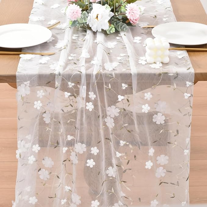 Wildflower Floral Sheer Tulle Gauze Table Runner Wedding Baby Shower Decor | - Image 3