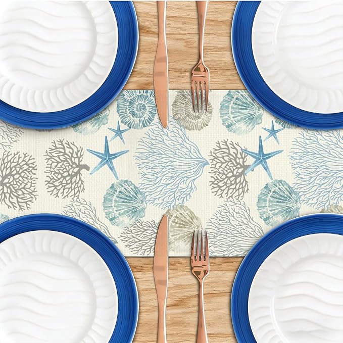 Coastal Decor Runner Linen Blue Teal Summer Beach Nautical Table Runners | - Image 4