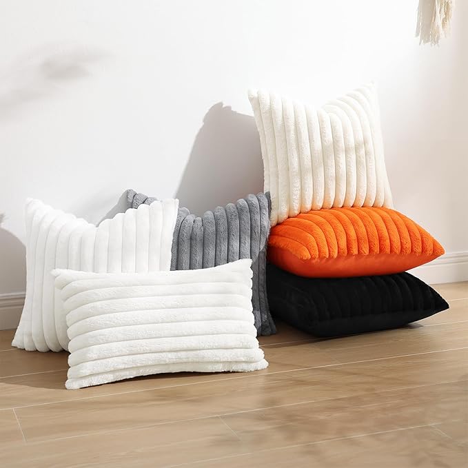 decorUhome Cozy Faux Fur Spring Throw Pillow Covers 18x18 Set of 2 Decorative Soft Plush Striped Modern Farmhouse Boho Couch Pillow Cases with Velvet Back for Sofa Bed Living Room, Black