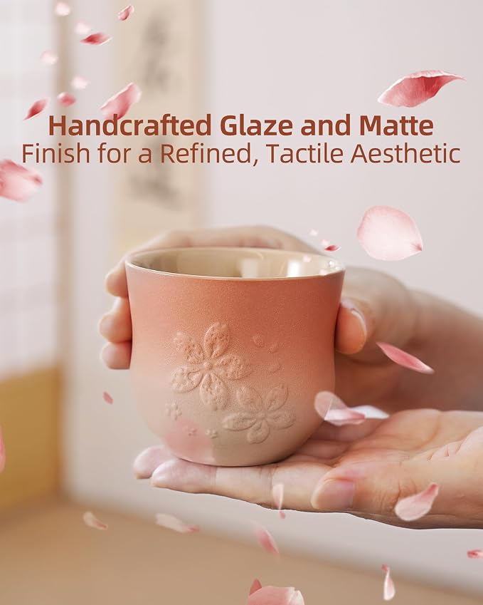 ZENS Japanese Tea Cups Set of 4 – 210ml Ceramic Handleless Tea Cups, Embossed - Image 4