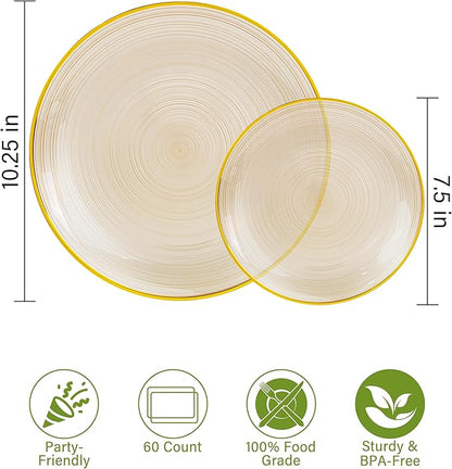 Morejoy 60Pcs Brown Plastic Plates,Brown Disposable Plates With Gold Rim, Gold Party Dinnerware Set Include 30 Dessert plates,30 Dinner plates for Party,Thanksgiving