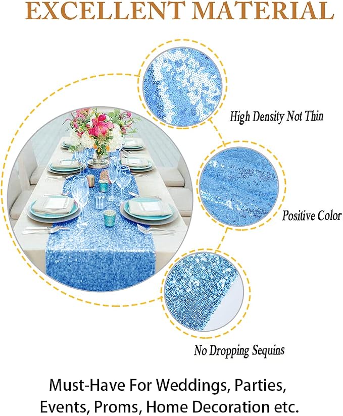 ShiDianYi Sequin Table Runners 10PCs 12x72 Baby Blue Glitter Table Cover - Image 4