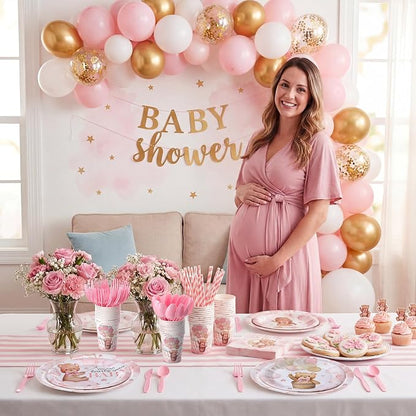 450 Pcs Pink Bear Baby Shower Tableware Set Decorations, Serves 50 | We Can - Image 5