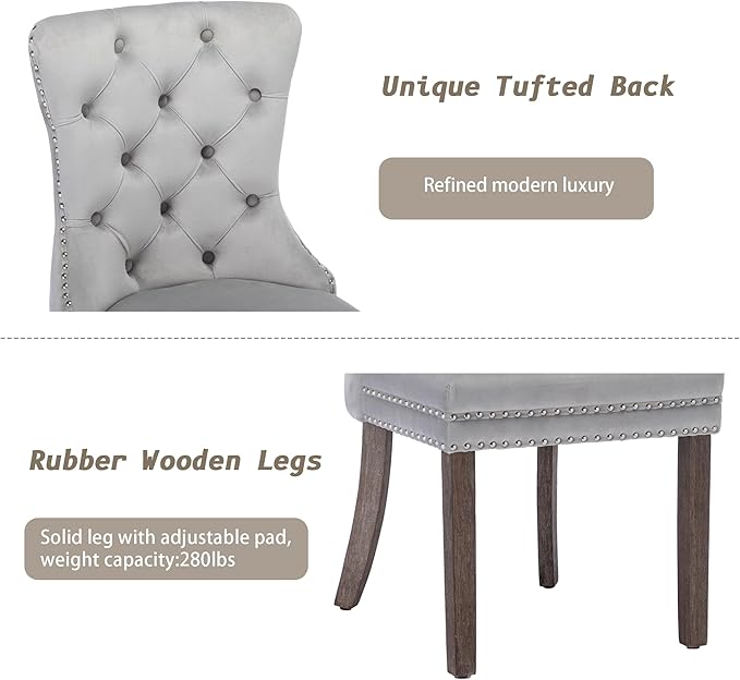 KCC Velvet Dining Chairs Set of 4, Upholstered High-end Tufted Dining Room Chair with Nailhead Back Ring Pull Trim Solid Wood Legs, Nikki Collection Modern Style for Kitchen, Light Grey