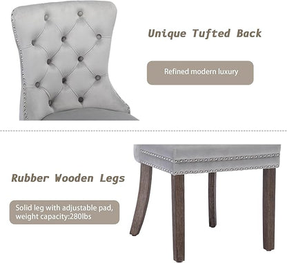 KCC Velvet Dining Chairs Set of 4, Upholstered High-end Tufted Dining Room Chair with Nailhead Back Ring Pull Trim Solid Wood Legs, Nikki Collection Modern Style for Kitchen, Light Grey