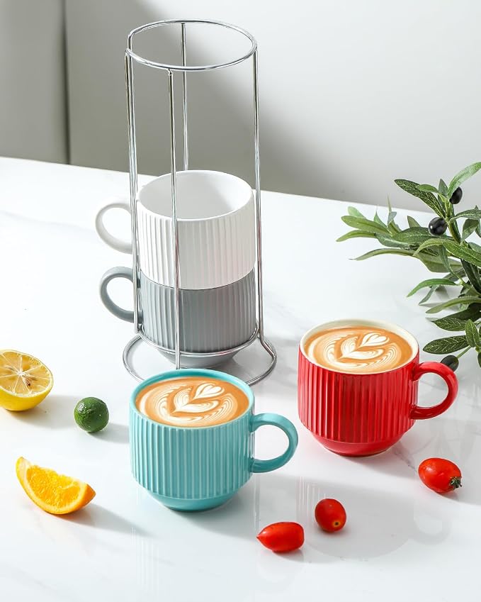 HASENSE Ceramic Coffee Mug Set of 4 - 15 oz Stacking Ribbed Latte Cups Set - Image 2