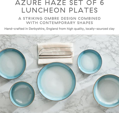 Denby - Azure Haze Coupe Salad Plates Set of 6-8.25 Inch - Dishwasher Microwave Oven Safe - Lunch, Dessert Plates - Reactive Blue Teal Glaze Ceramic Stoneware Dinnerware - Scratch Chip Resistant
