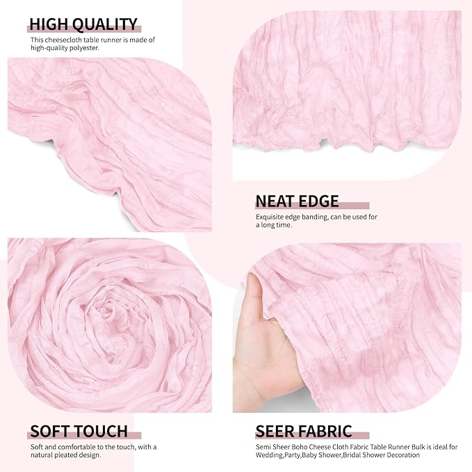 4 Pack Light Pink Cheesecloth Table Runner 10Ft, Boho Table Runners 21.5 x 120 - Image 3