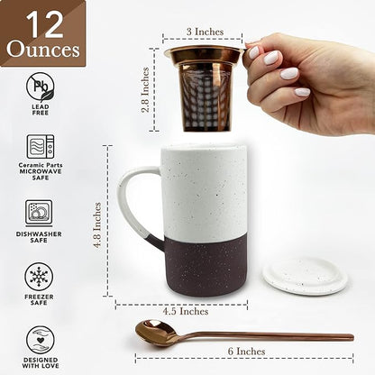 Mora Ceramics Tea Cup with Loose Leaf Infuser, Spoon and Lid, 12 oz, Microwave - Image 2