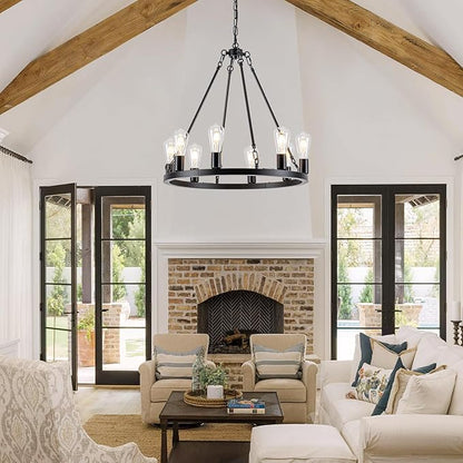 8-Light Wagon Wheel Chandelier, Farmhouse Chandelier Dining Room Light Fixture, Black Round Industrial Rustic Pendant Lighting, Vintage Hanging Lights for Kitchen Island Living Room Bedroom Entryway
