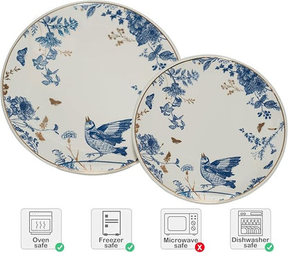 Porcelain Floral Plates Ceramic 8 Inch & 10 Inch Ceramic Plates 4 Pieces, Dessert Plate Blue and White, Salad Plate Set, Floral Dinnerware Set for Kitchen, Dinner Plate for Cake Snacks Side Dish